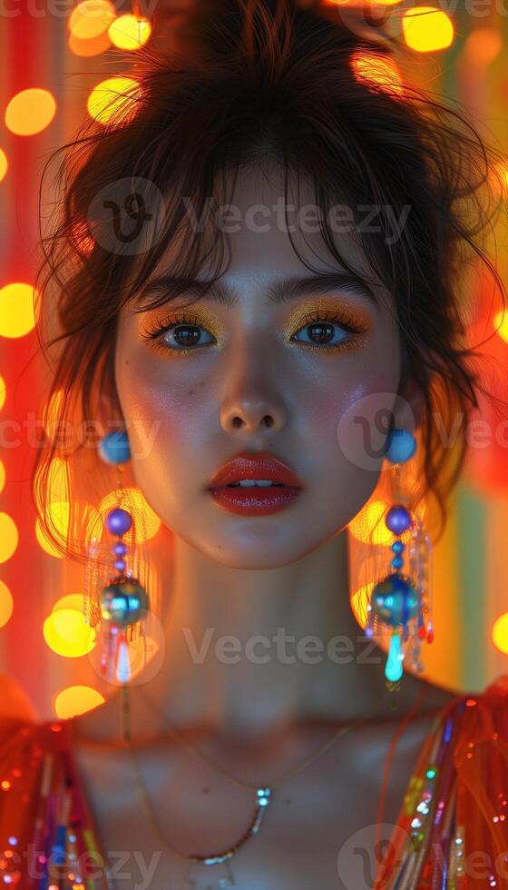 ai generado vívido asiático Moda alta moda modelo en fluorescente estilo foto