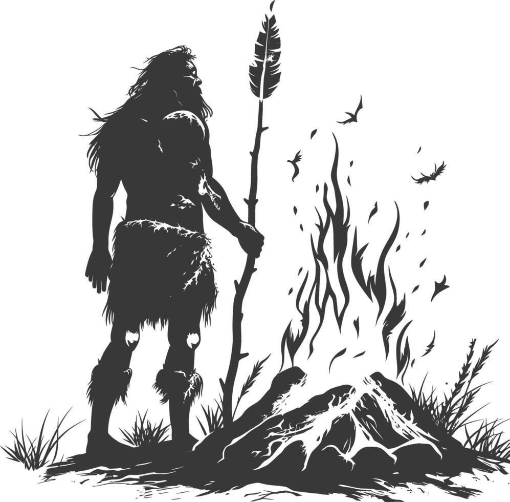AI generated Silhouette ancient caveman in front bonfire black color only full body vector