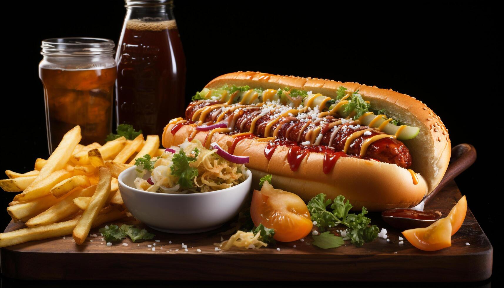 AI generated Grilled beef, hot dog, fries, and cola on rustic table generated by AI photo