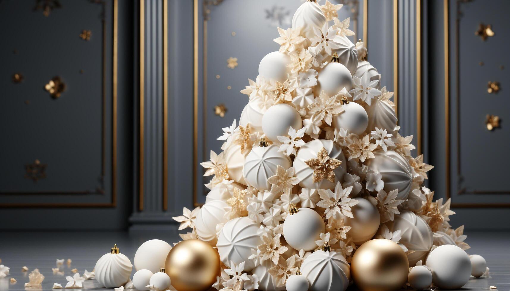 AI generated Christmas tree decorated with shiny gold ornaments and snowflakes generated by AI photo