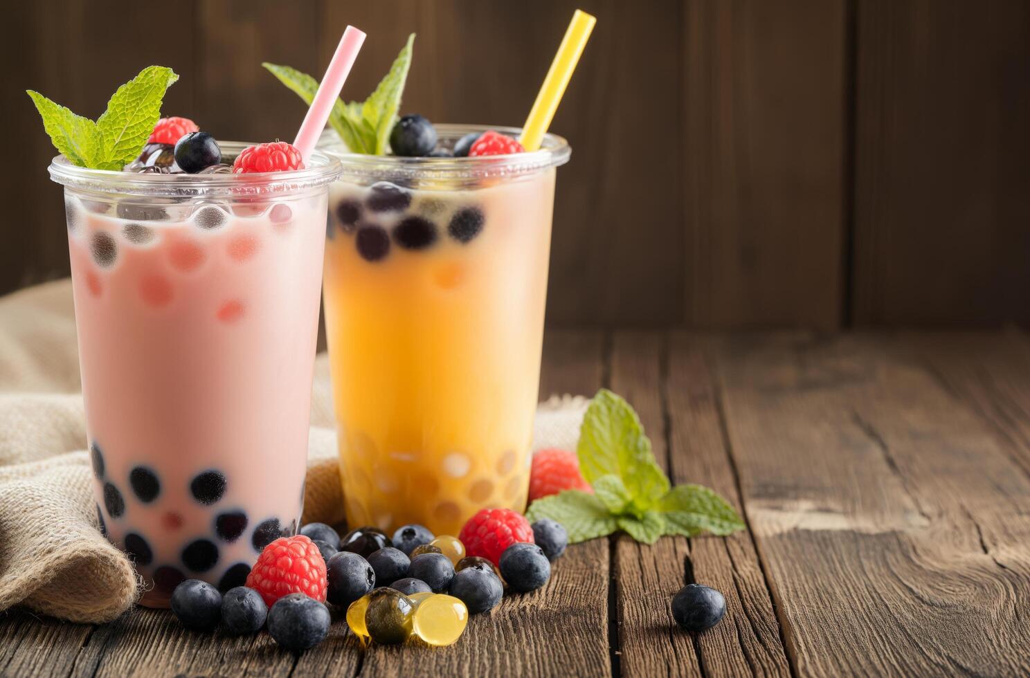 AI generated Berry and mango bubble teas photo