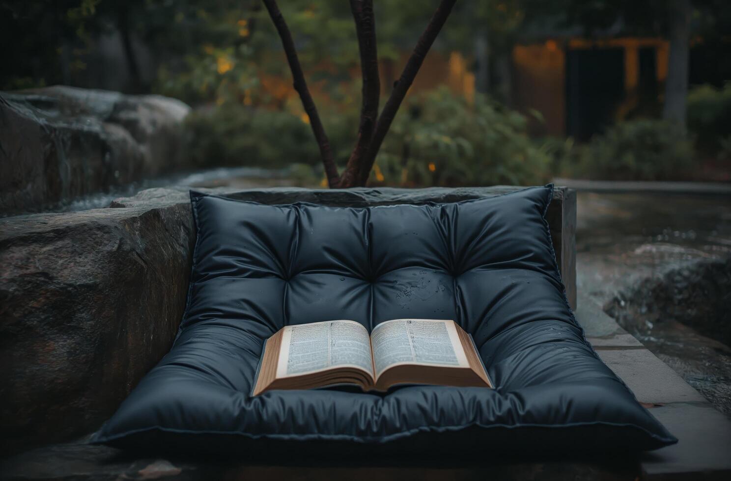 AI generated Open book on inflatable bench photo