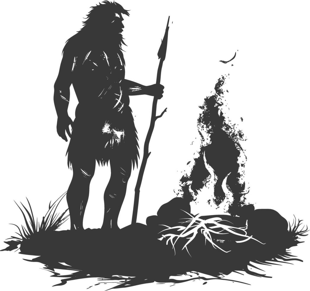 AI generated Silhouette ancient caveman in front bonfire black color only full body vector