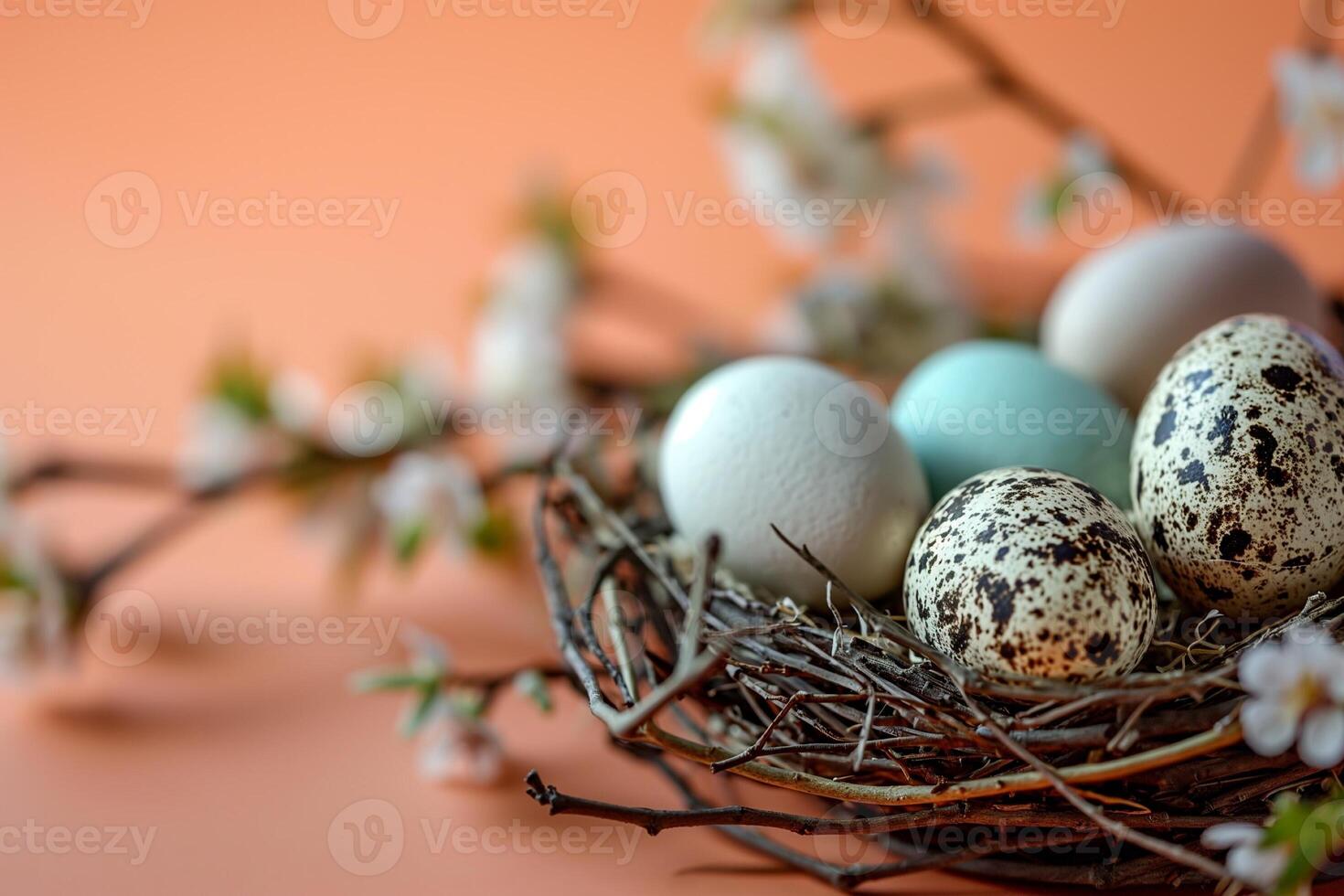 AI generated Nest with colorful Easter eggs and spring flowers on a peach colored background photo