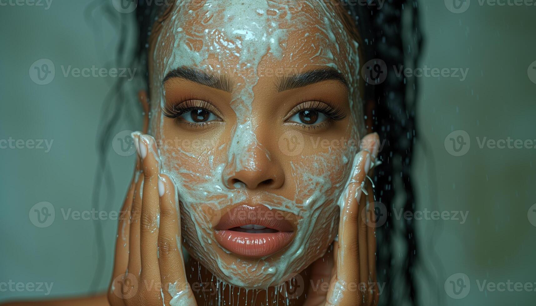 AI generated Close-up Beauty Portrait of Light-Skinned Black Woman Applying Clay Mask photo