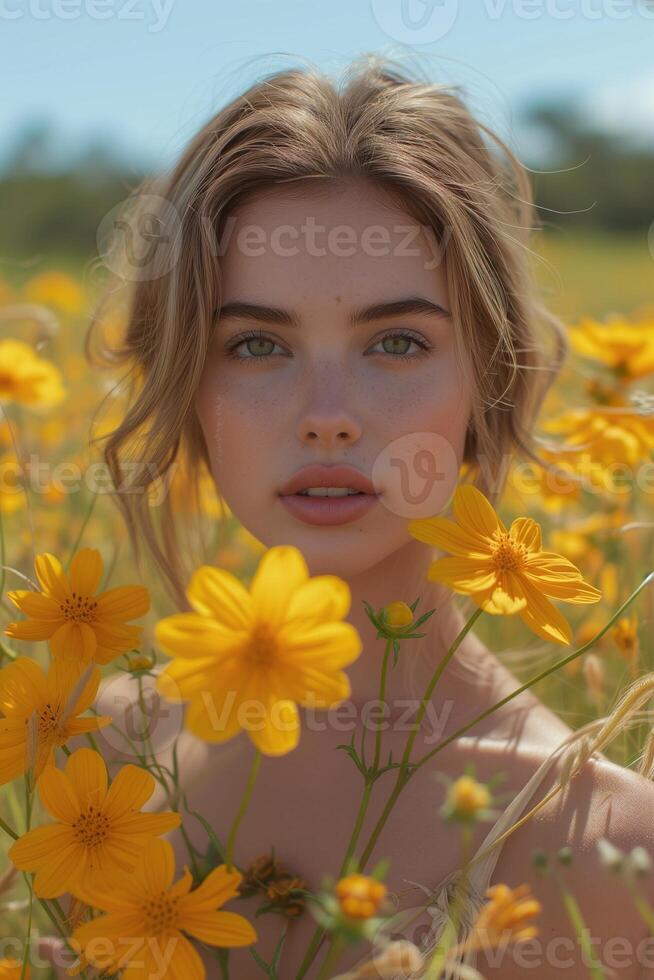 ai generado joven caucásico mujer participación amarillo flor ramo de flores foto