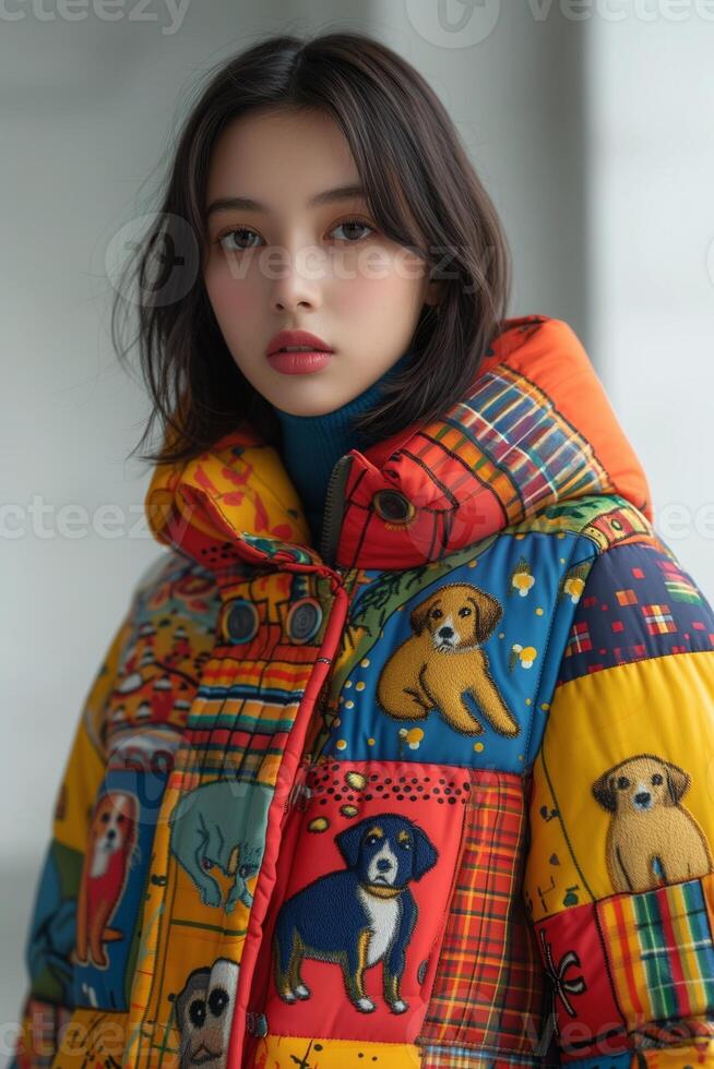 AI generated Naive Puppies Pattern Quilted Down Jacket Front-View photo