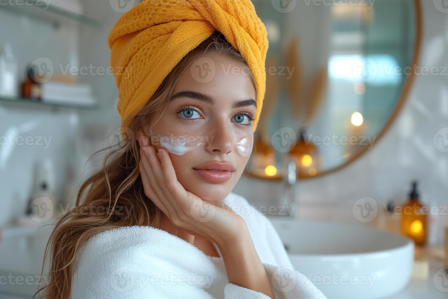 ai generado belleza rutina mujer aplicando cosmético petróleo a su cara foto