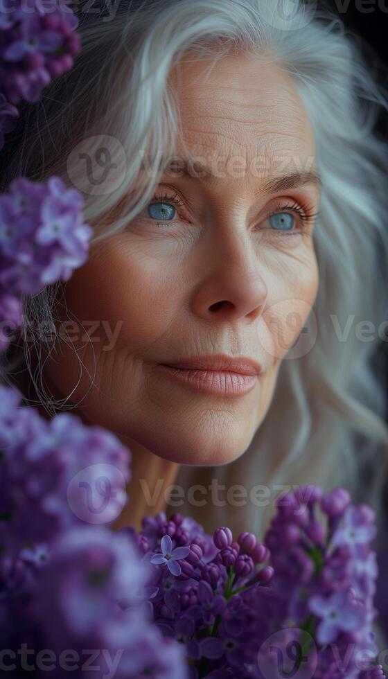 AI generated Joyful senior woman enjoying the fragrance of lilacs photo