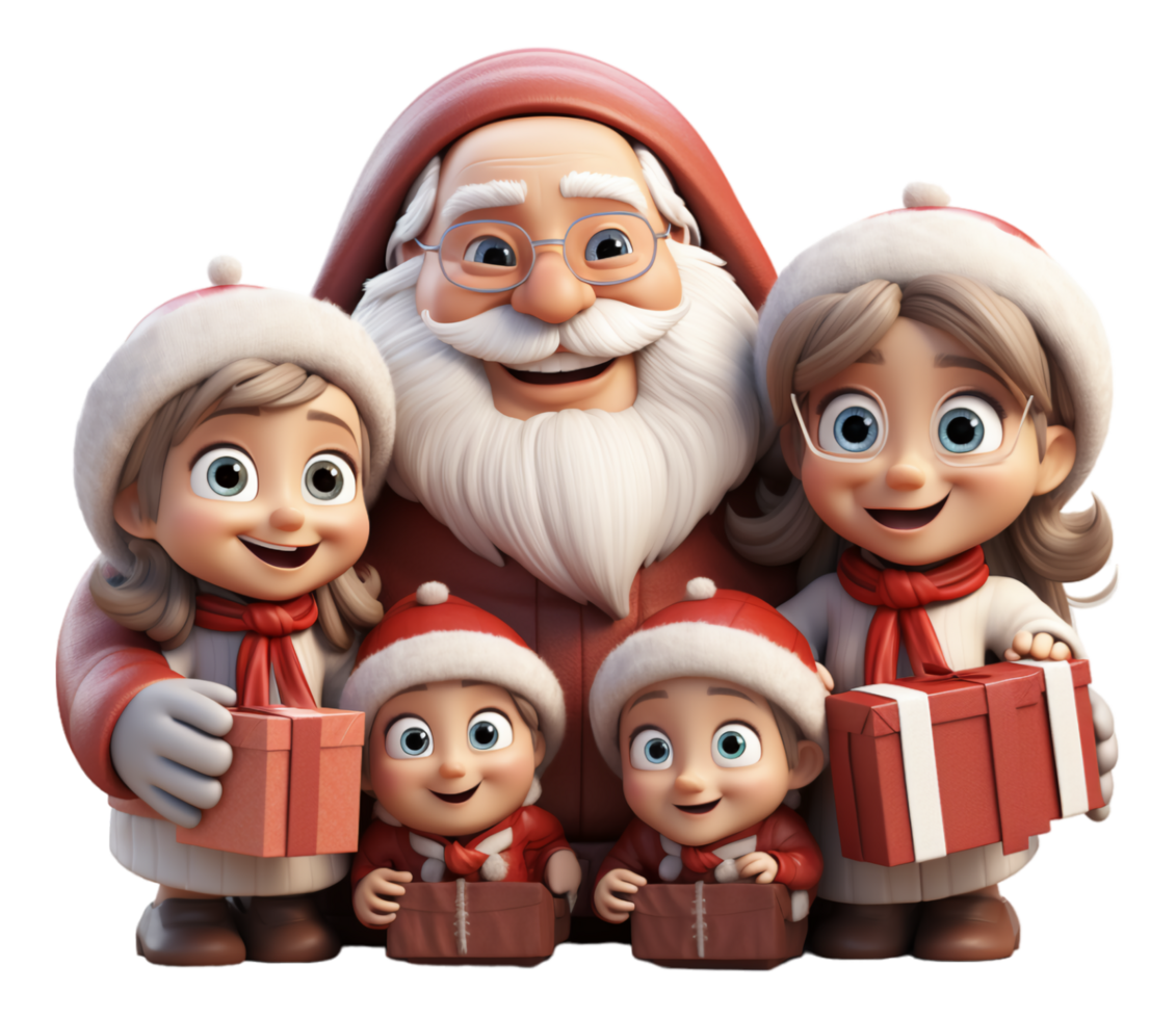 AI generated 3d animated cartoon character Santa Claus with family, generative ai png