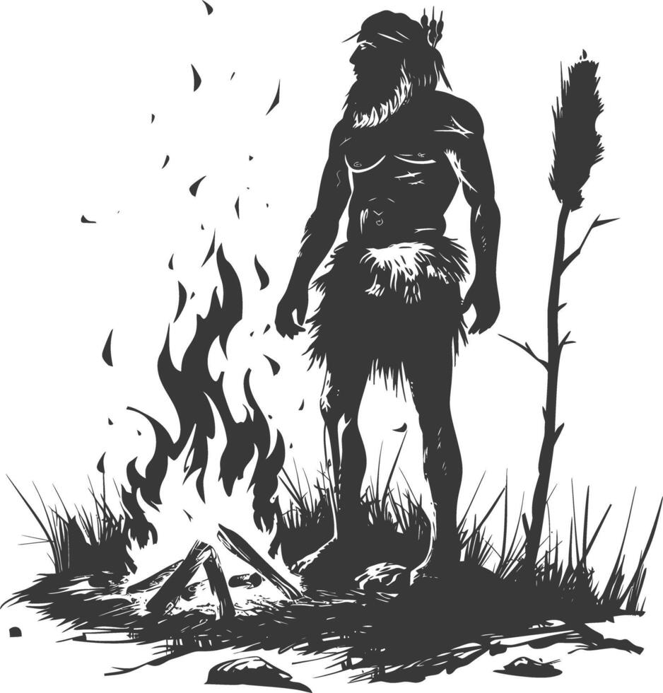 AI generated Silhouette ancient caveman in front bonfire black color only full body vector