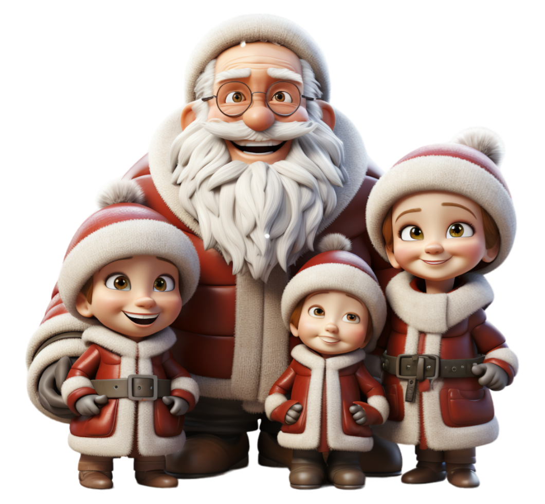 AI generated 3d animated cartoon character Santa Claus with children, generative ai png