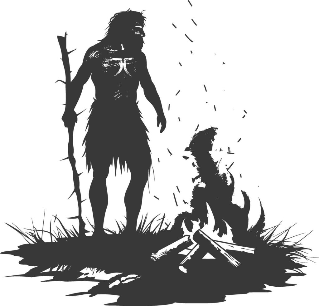 AI generated Silhouette ancient caveman in front bonfire black color only full body vector