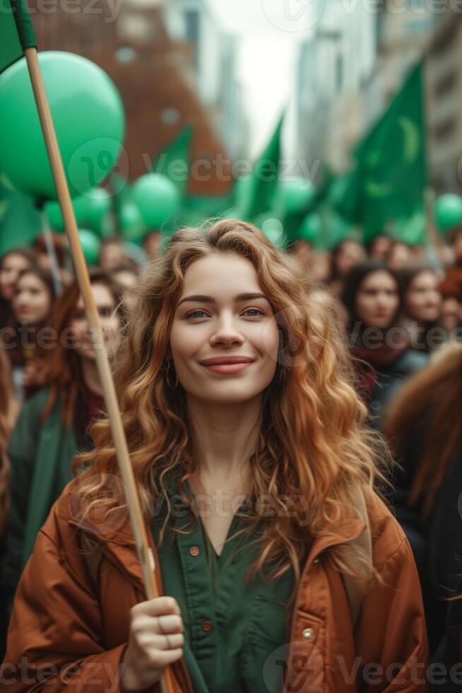 ai generado mujer participación verde banderas y globos a un reunión en internacional De las mujeres día foto