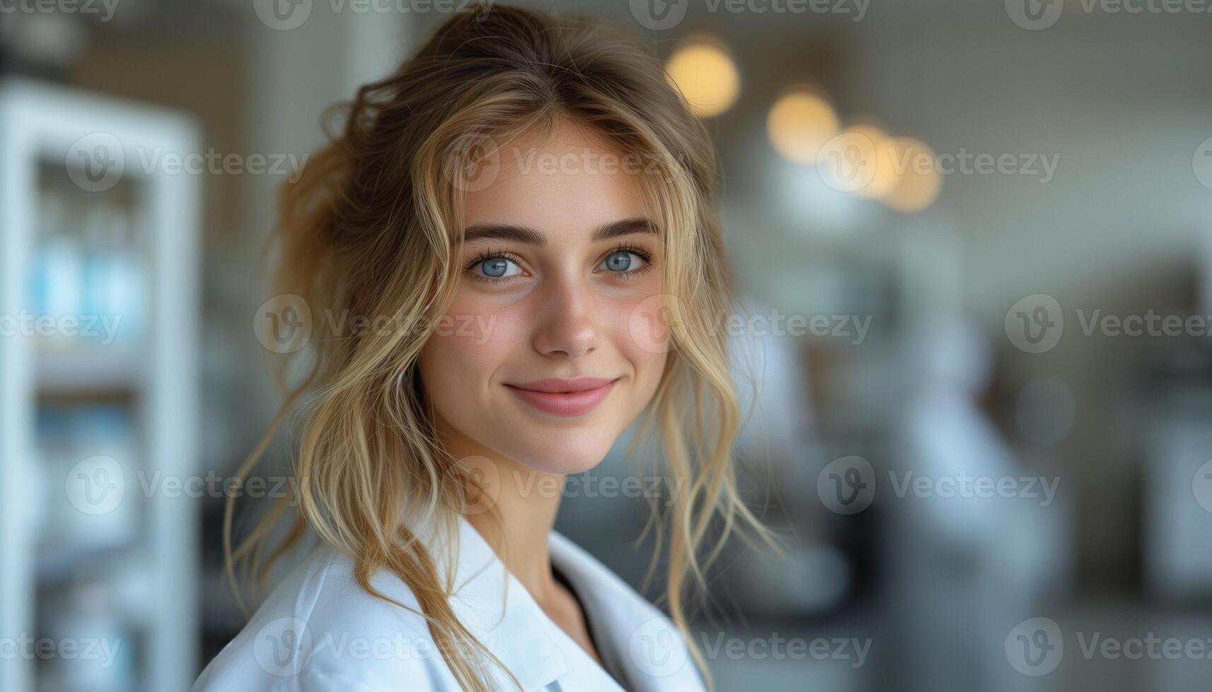 AI generated Woman in White Lab Coat Looking at Camera with Copy Space photo