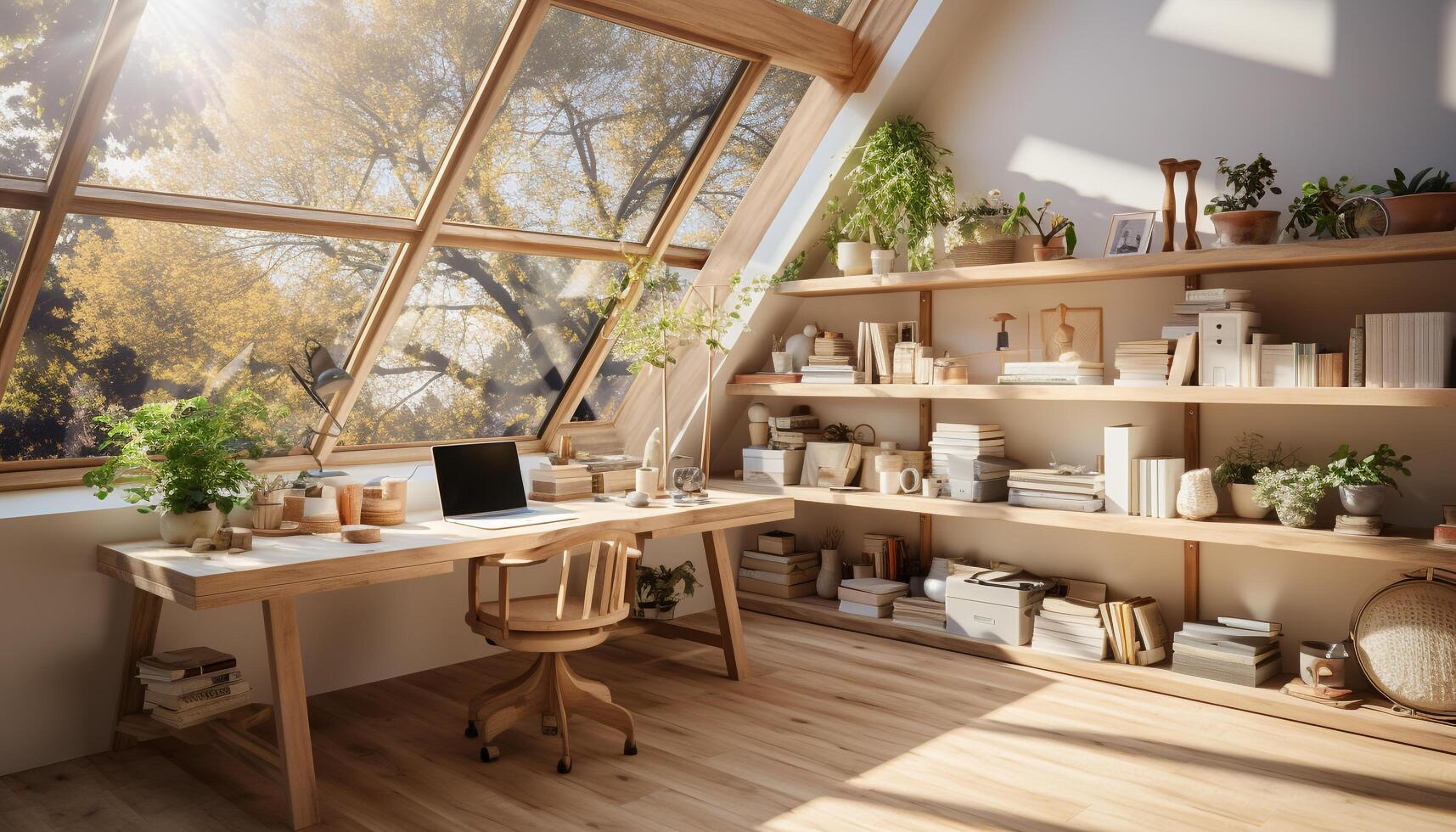 AI generated Modern office with wood flooring, elegant desk, and comfortable chair generated by AI photo