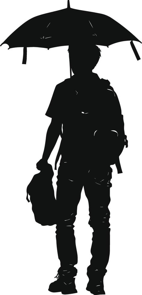 AI generated Silhouette man student with umbrella black color only vector
