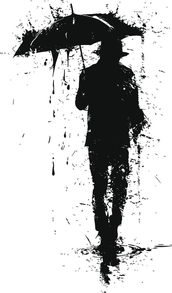 AI generated Silhouette man with umbrella during drizzle black color only vector