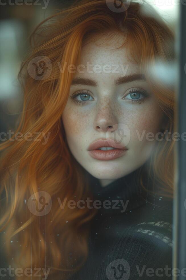 AI generated Urban Elegance Moody Portrait of Red Haired Woman in Modern Cafe Near The Window photo