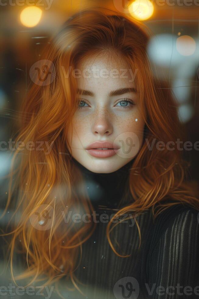 ai generado urbano elegancia temperamental retrato de rojo peludo mujer en moderno café cerca el ventana foto