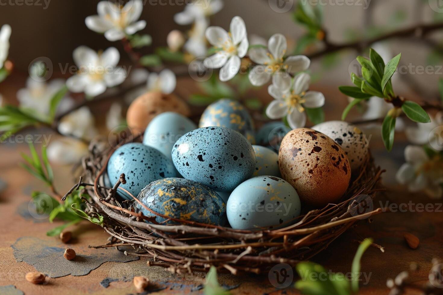 AI generated Nest with colorful Easter eggs and spring flowers on a peach colored background photo