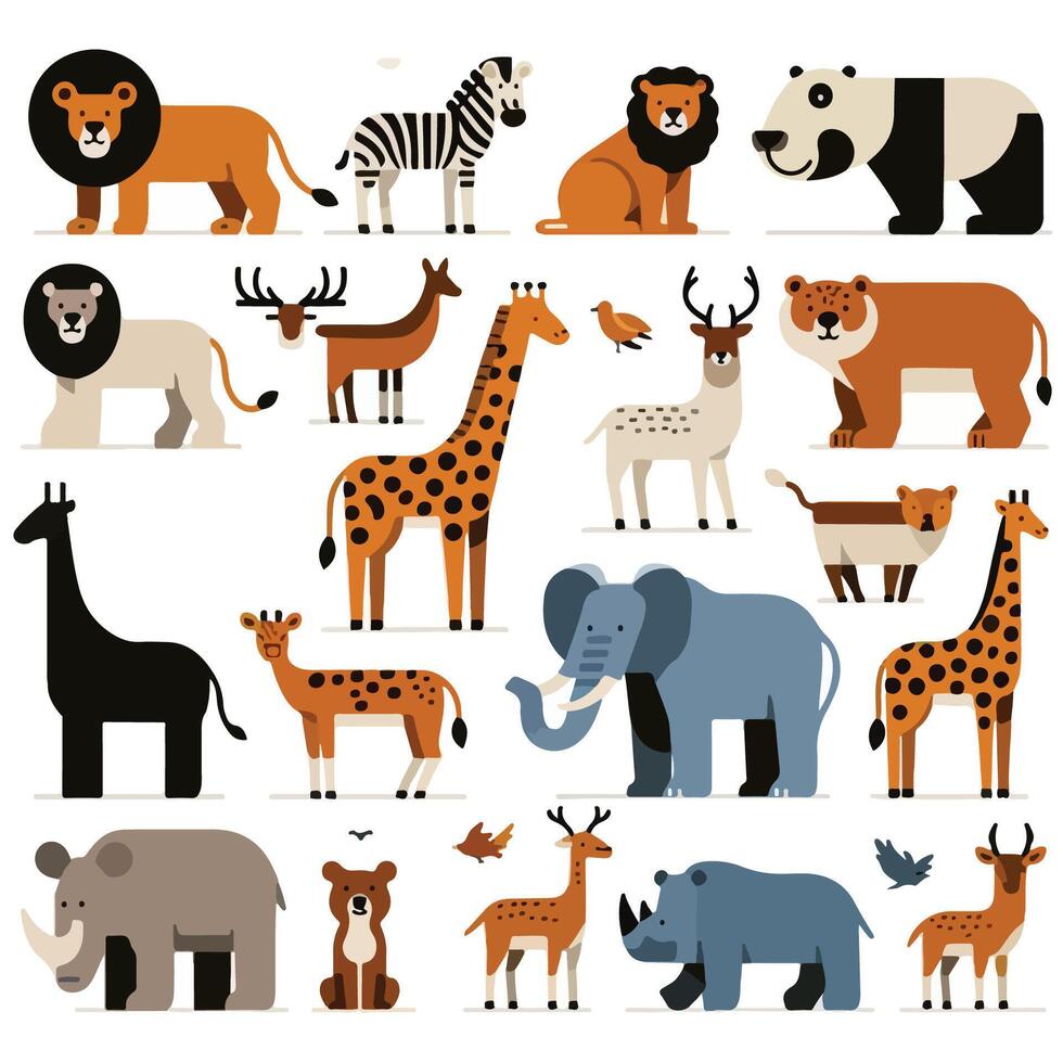 Vector illustration set of animals in flat style. Wild animals characters