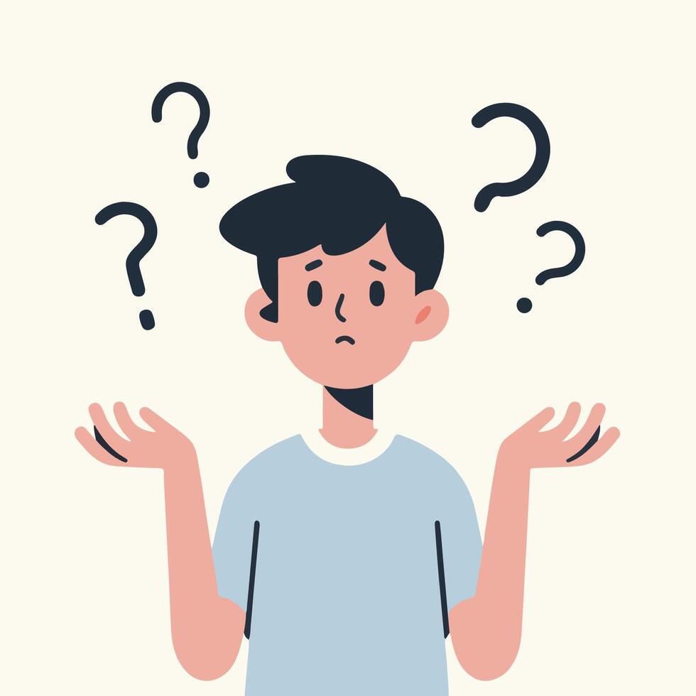 People have curious expressions and question marks are floating around their heads. flat design style vector illustration