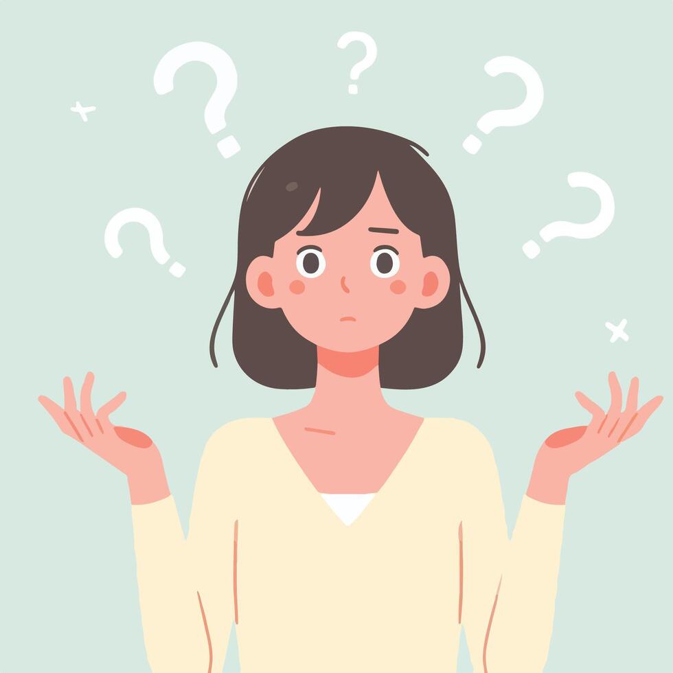 People have curious expressions and question marks are floating around their heads. flat design style vector illustration