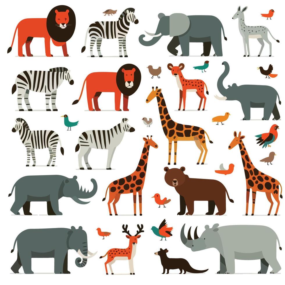 Vector illustration set of animals in flat style. Wild animals characters