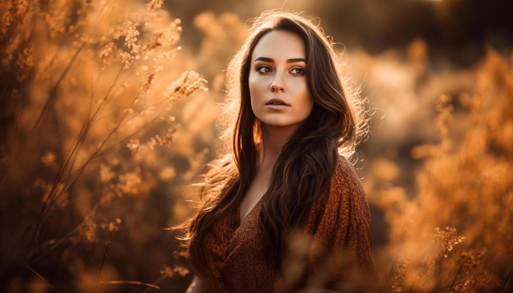 AI generated Smiling woman in autumn, beauty in nature, elegance, happiness generated by AI photo