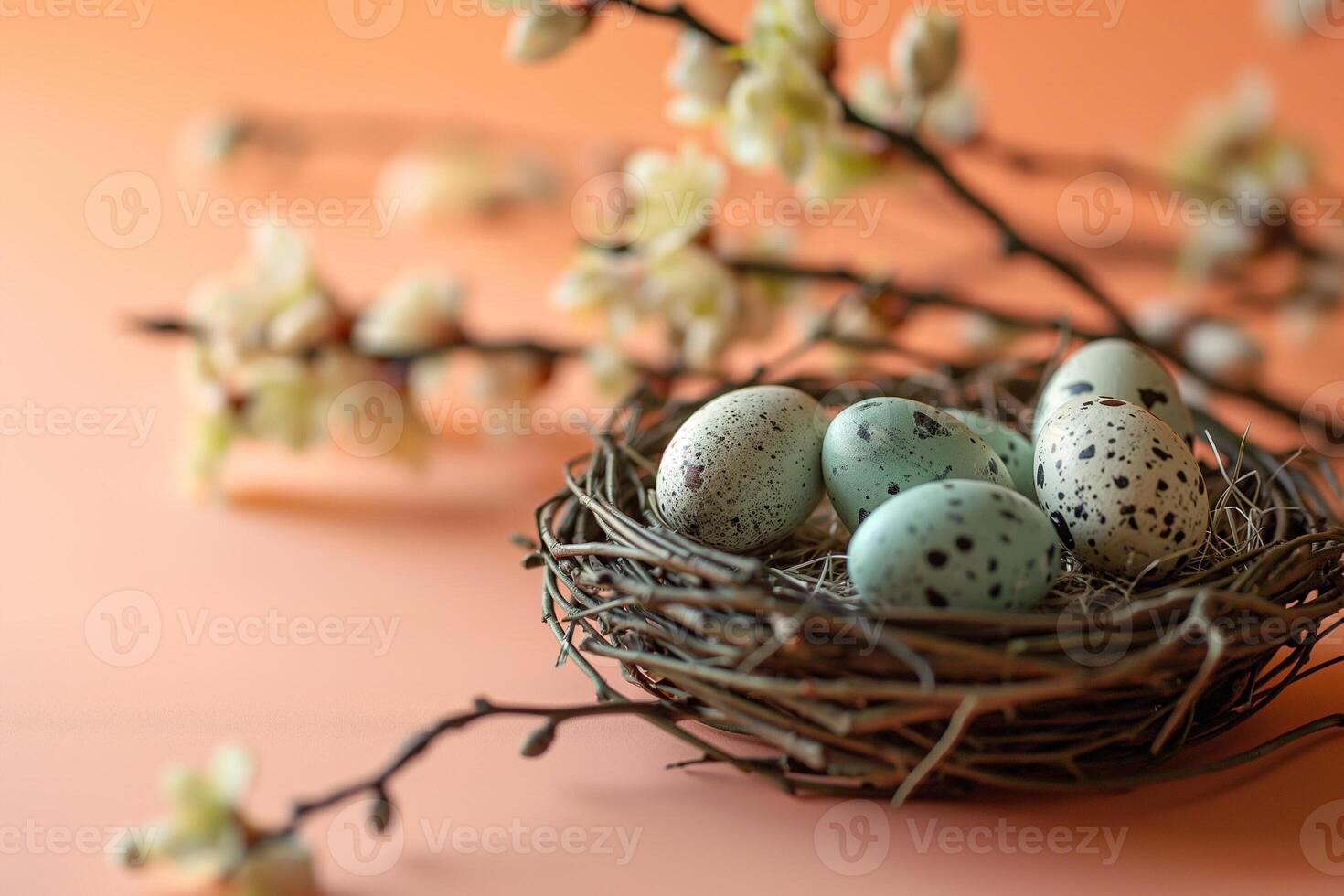 AI generated Nest with colorful Easter eggs and spring flowers on a peach colored background photo