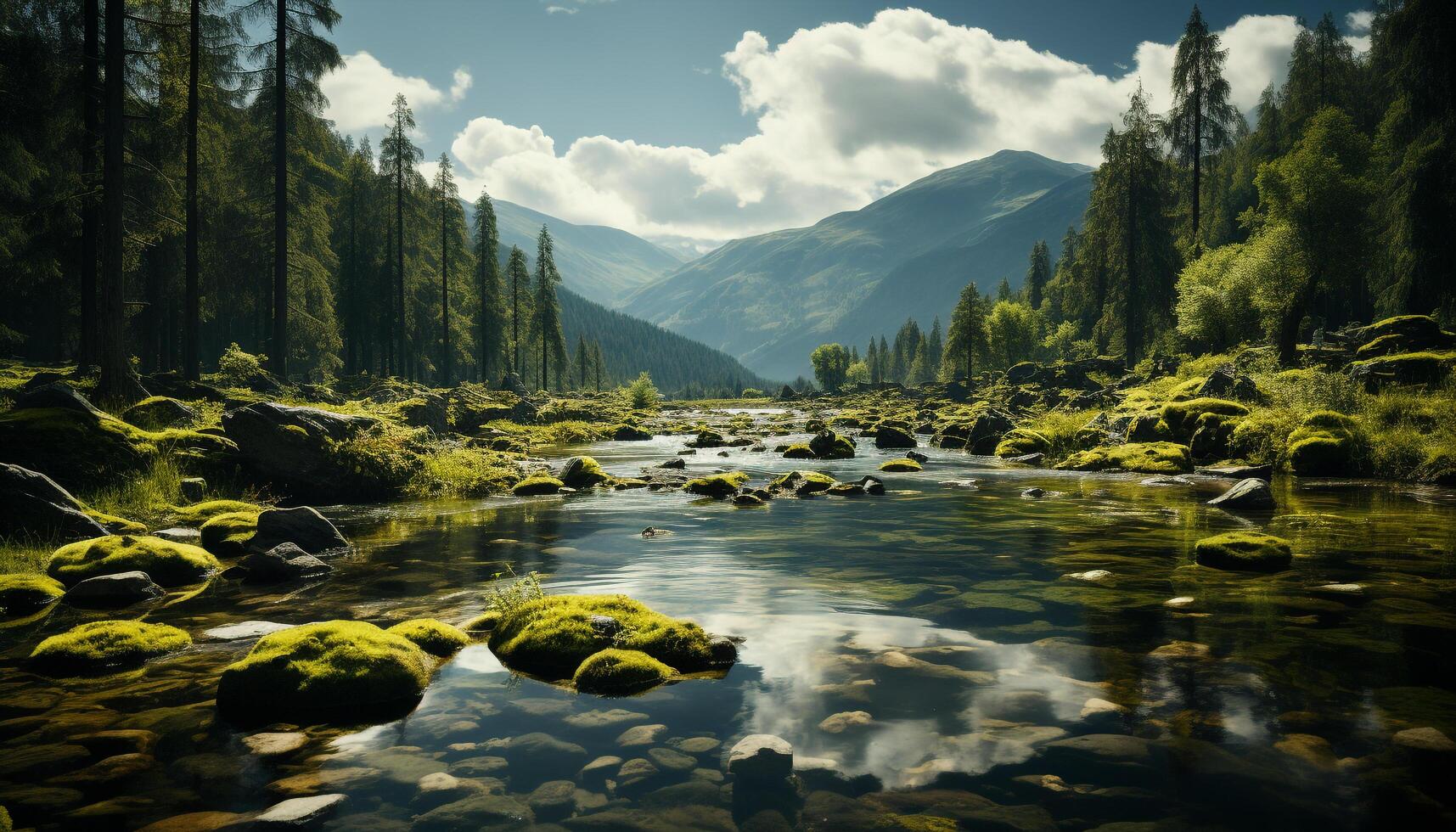 ai generado tranquilo escena de un montaña rango reflejando en un fluido estanque generado por ai foto