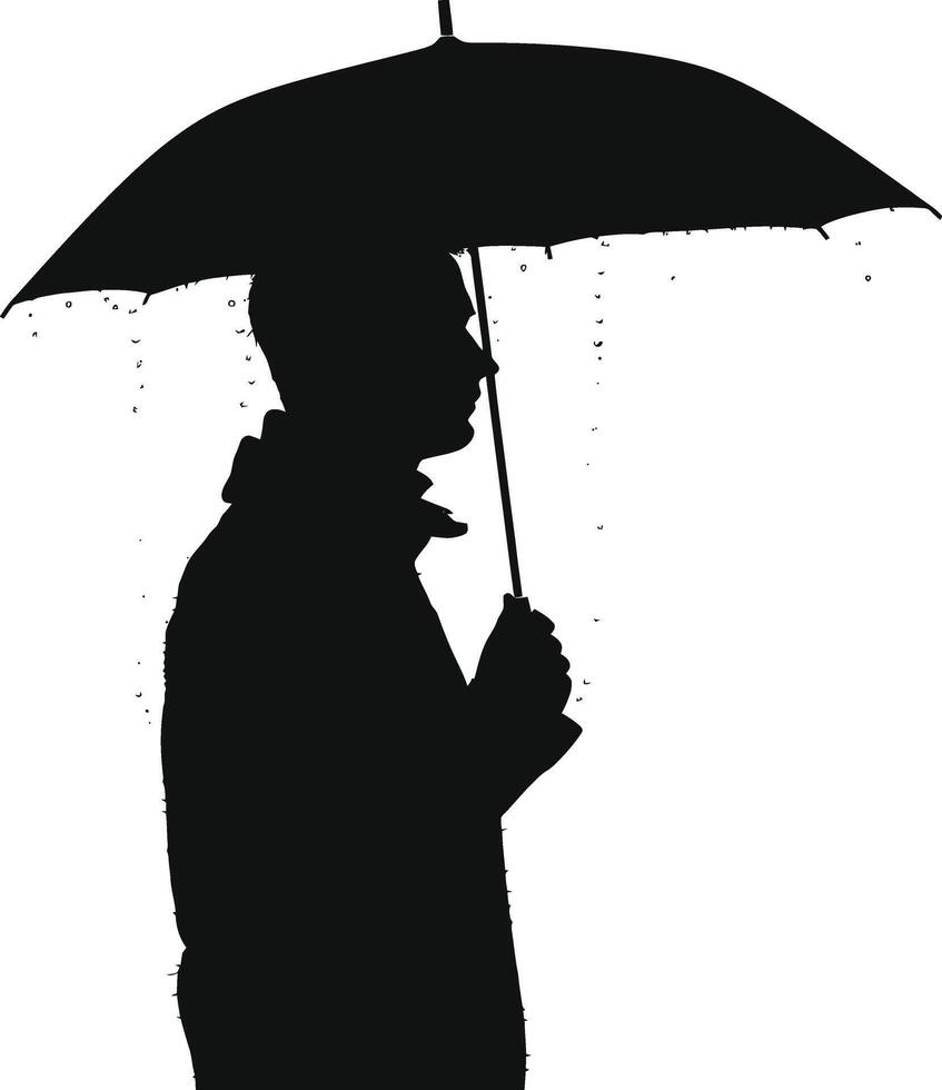 AI generated Silhouette man with umbrella during drizzle black color only vector