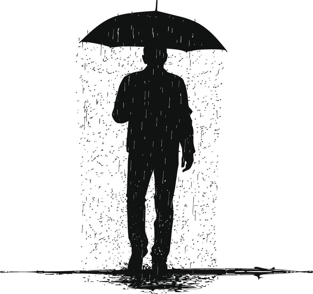 AI generated Silhouette man with umbrella during drizzle black color only vector