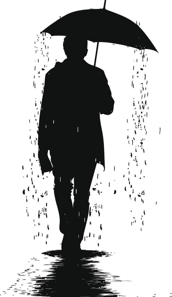 AI generated Silhouette man with umbrella during drizzle black color only vector
