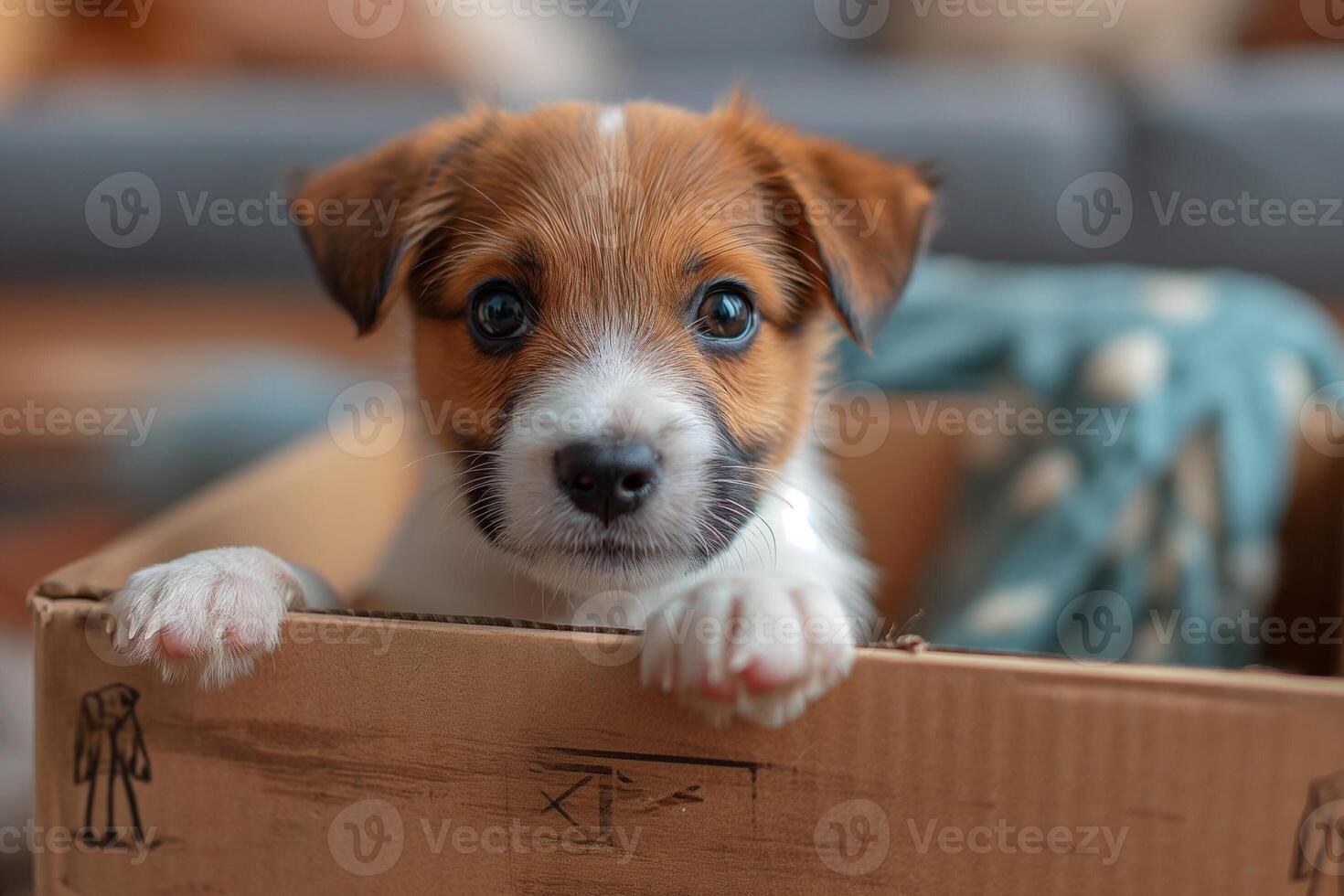 AI generated An open box with a cute puppy peeking out. Classic living room interior in the background photo