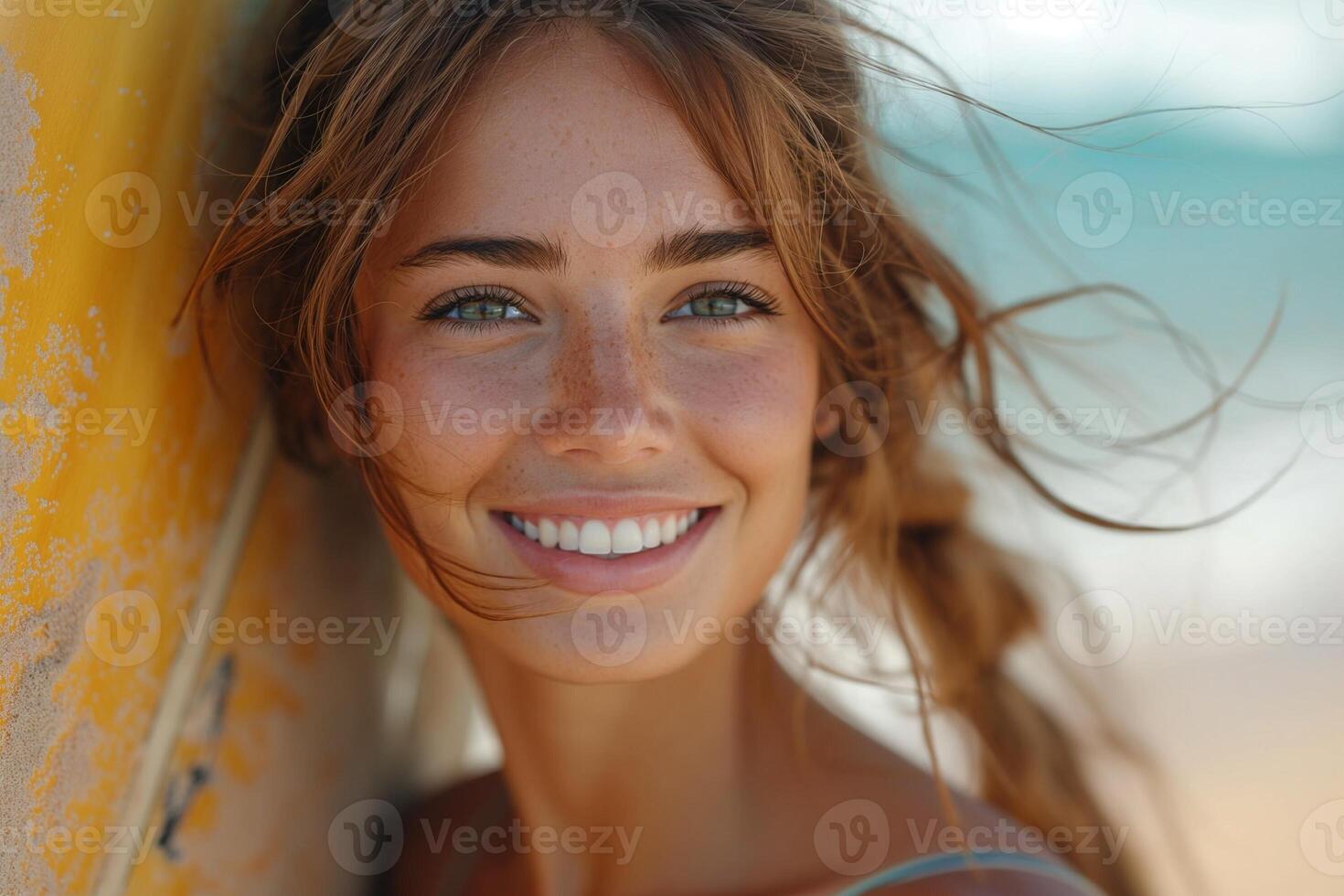 AI generated young woman at the beach, radiating joy as she holds a surfboard, capturing the essence of exotic beauty photo