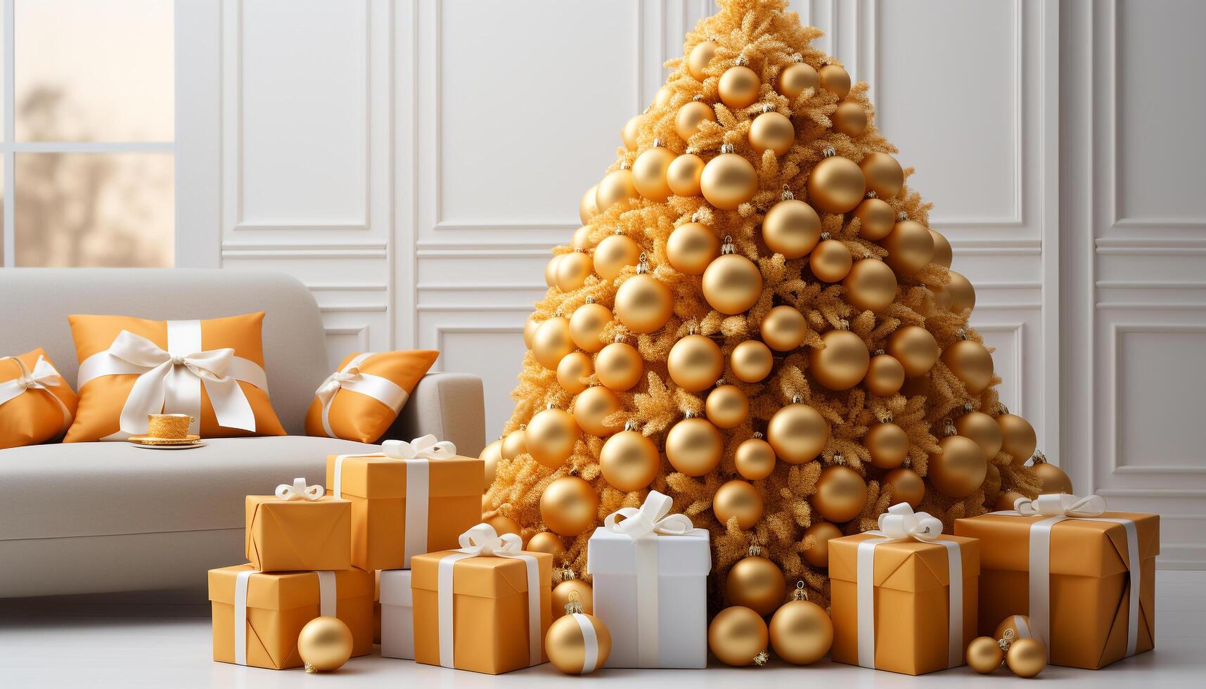 AI generated Christmas tree decoration in a modern home, bright and shiny generated by AI photo