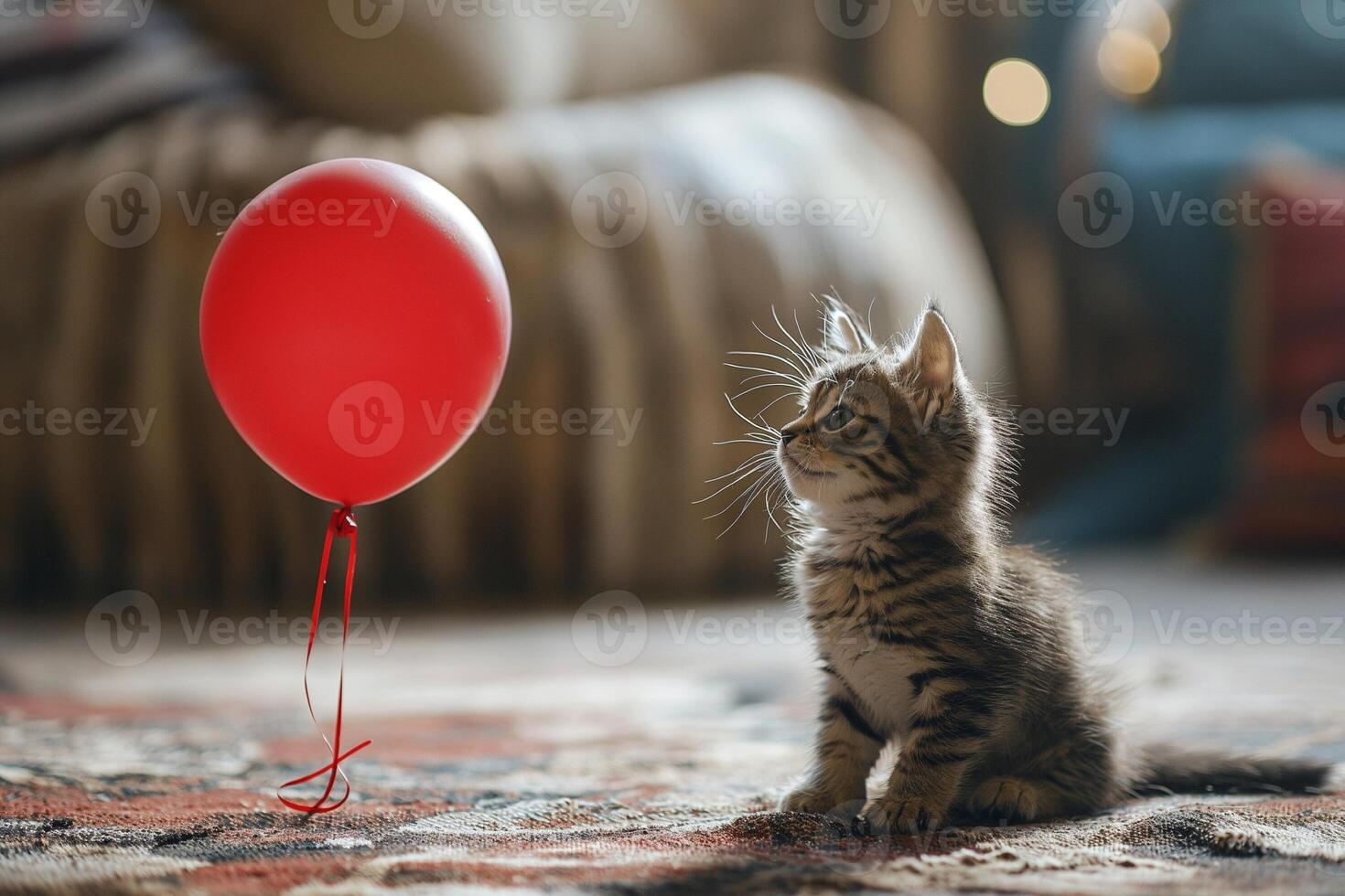 AI generated Little kitten in the living room with a red balloon. Gift concept photo