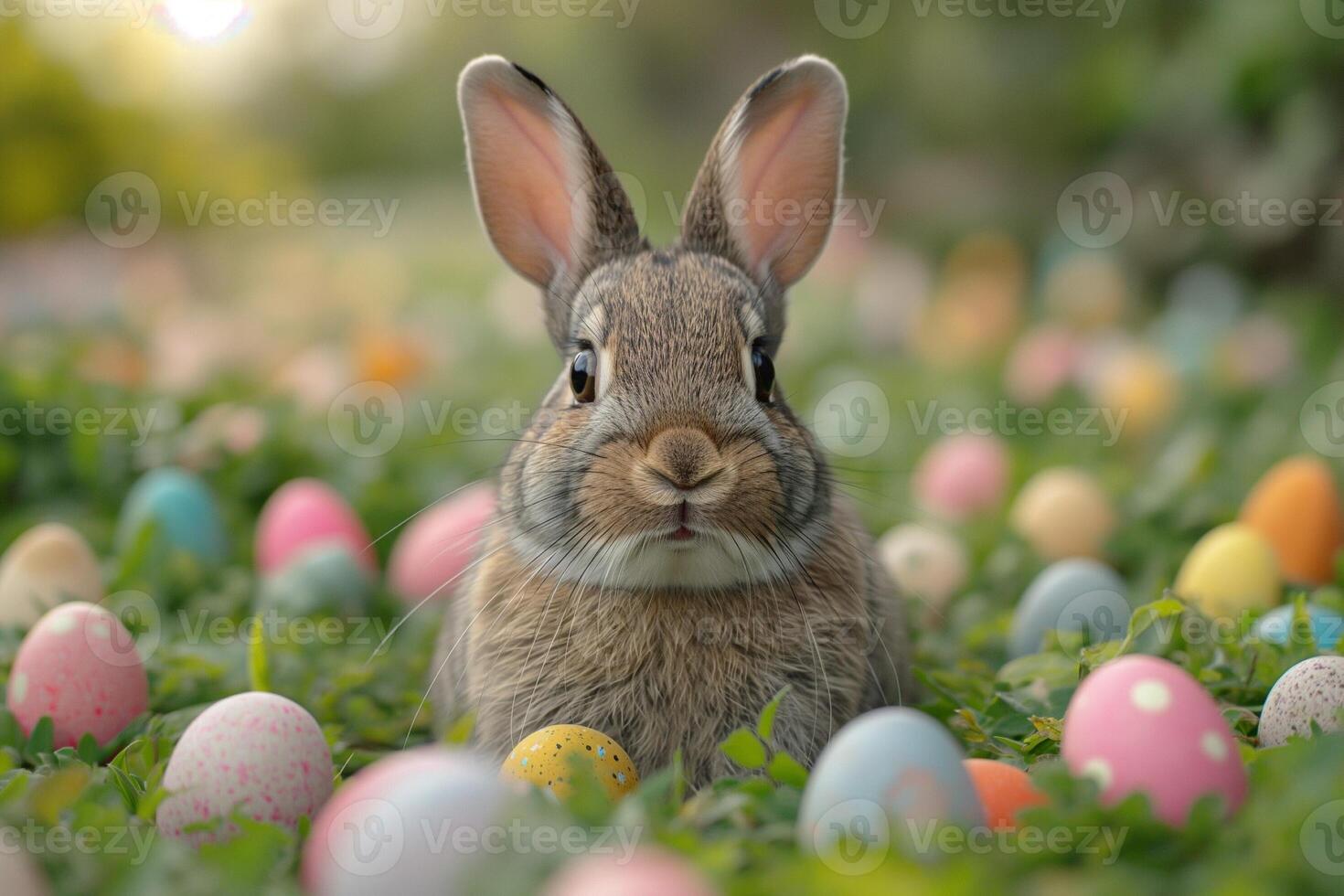 AI generated rabbit in a field filled with colored little easter eggs photo