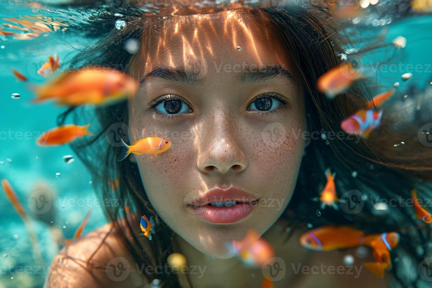 AI generated Beautiful woman with long black hair swimming in the red sea with colorful fish and corals photo