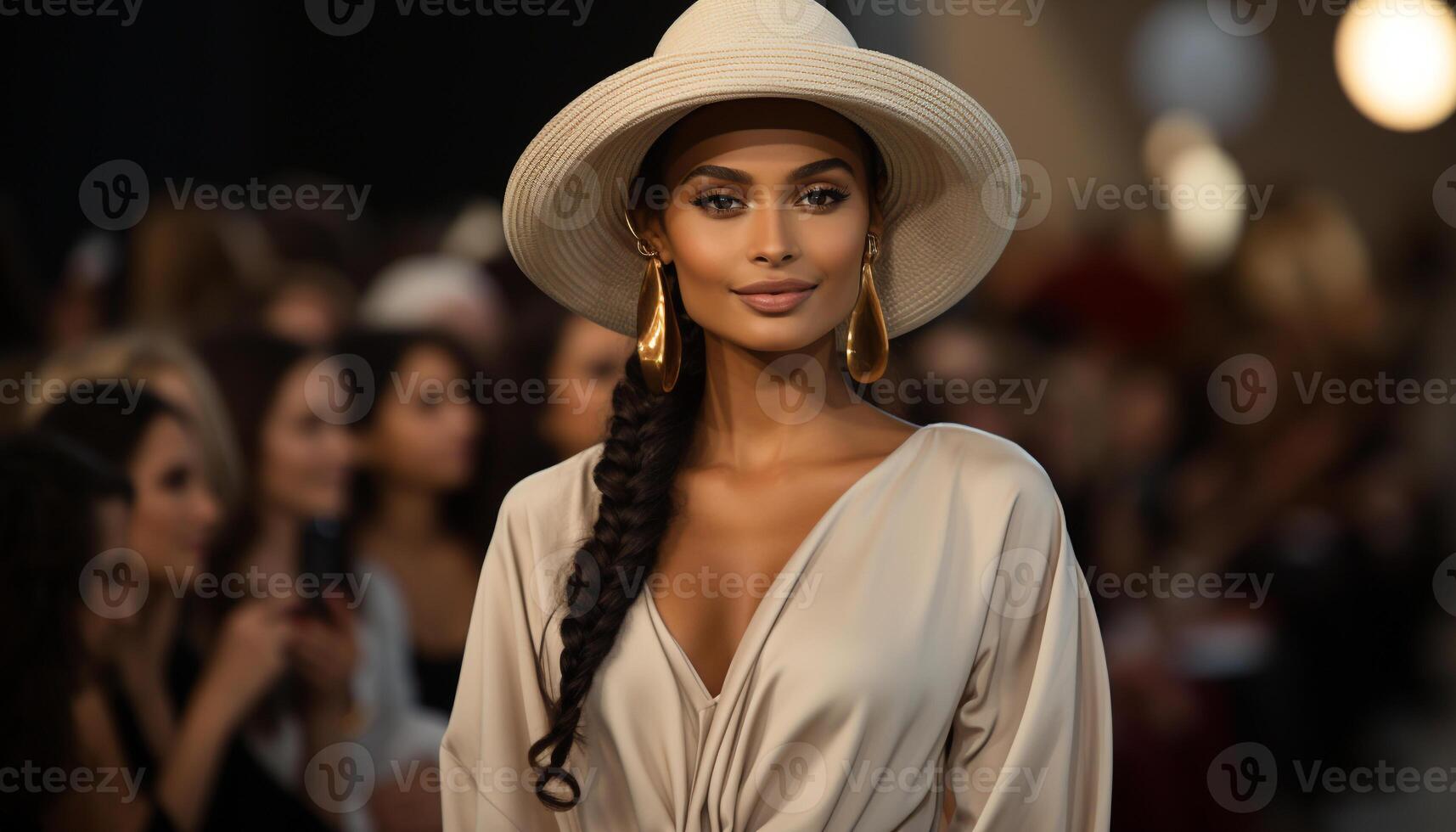AI generated Fashion model exudes elegance on stage, captivating with her beauty generated by AI photo