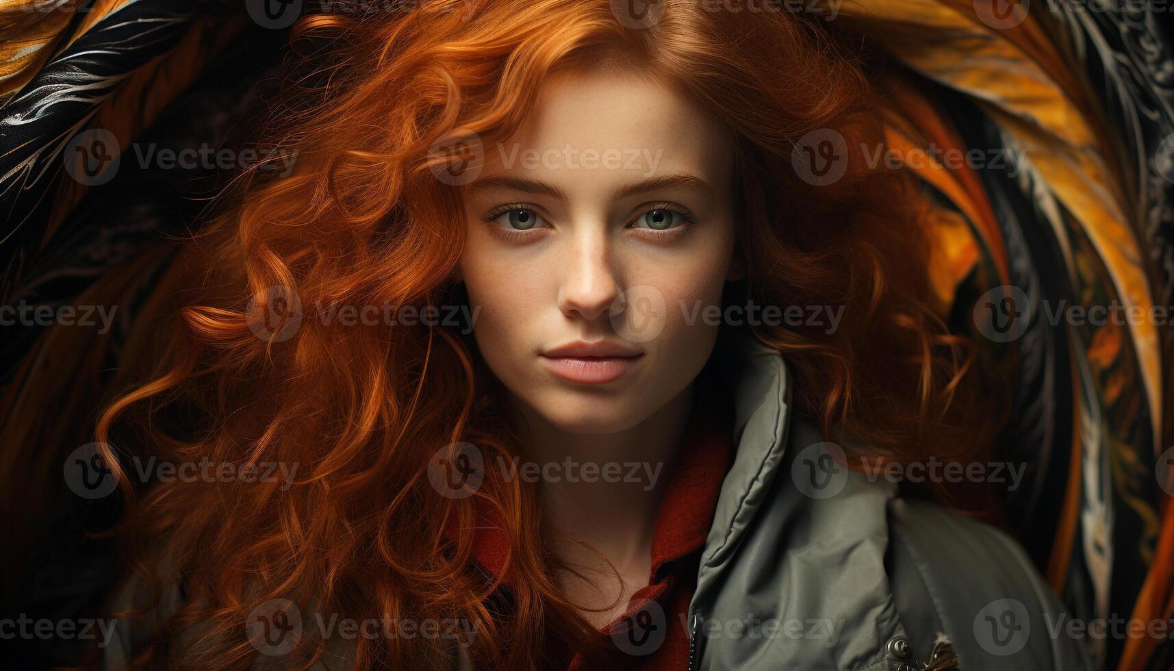 AI generated Beautiful young woman with curly brown hair looking at camera generated by AI photo