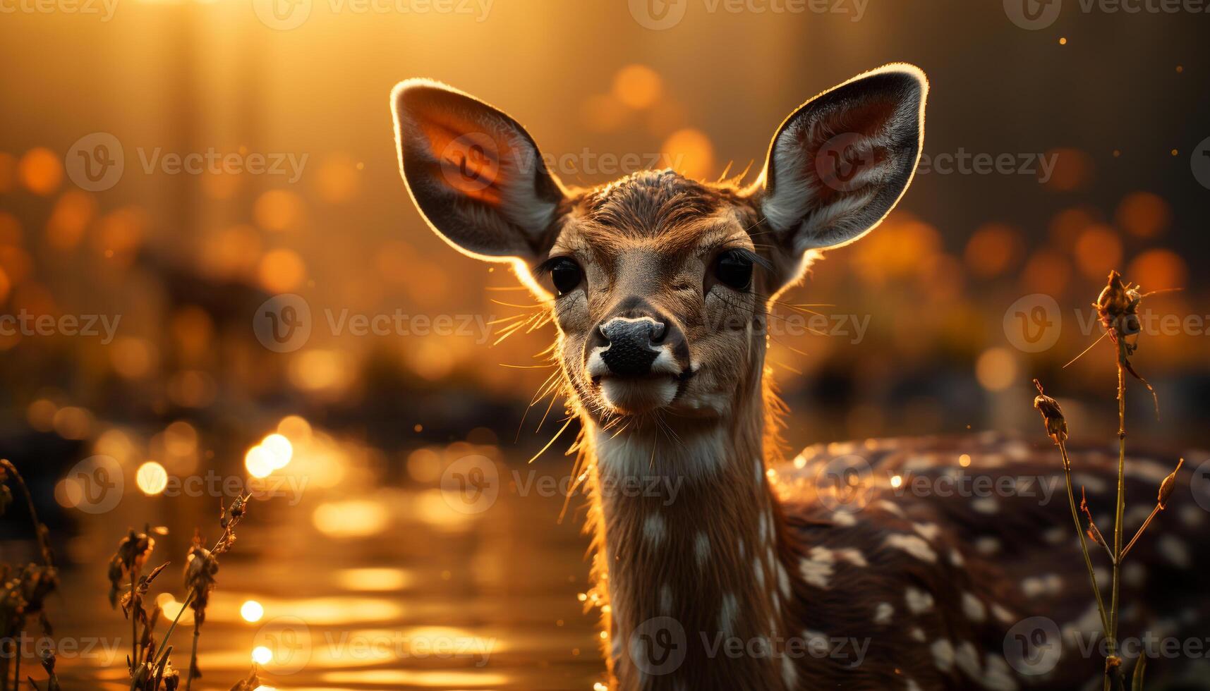 AI generated Cute deer standing in grass, looking at camera, sunset beauty generated by AI photo