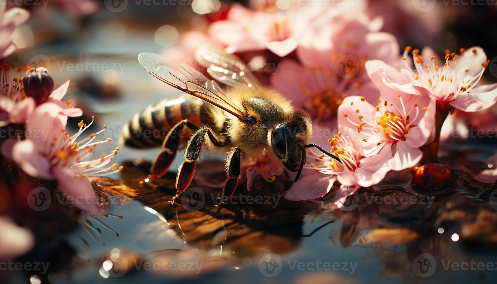 ai generado ocupado miel abeja polinizando un soltero flor en un formal jardín generado por ai foto