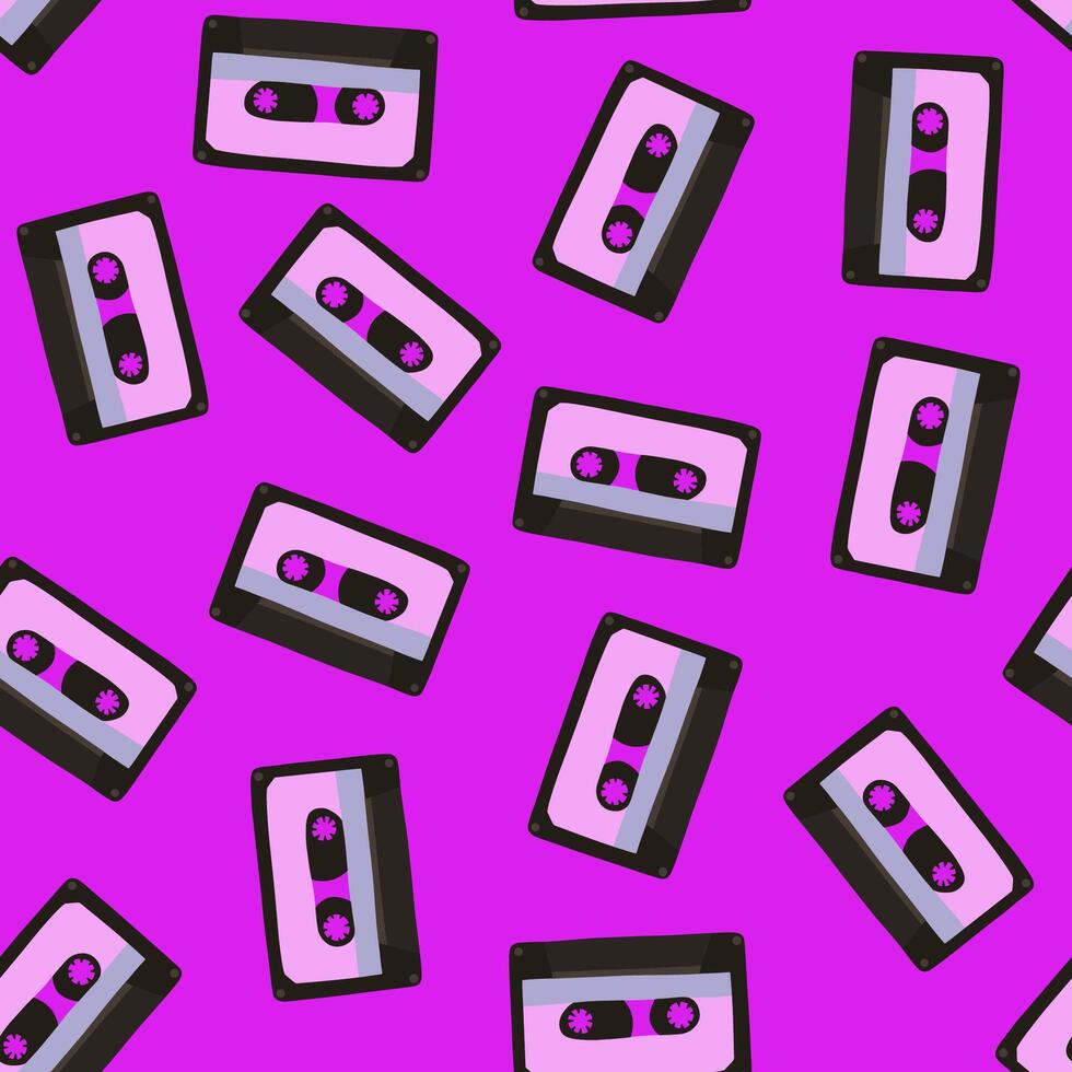 Vector isolated illustration of pattern with tape recorder cassette. Nostalgia of the 90s. Audio cassette for listening to music.