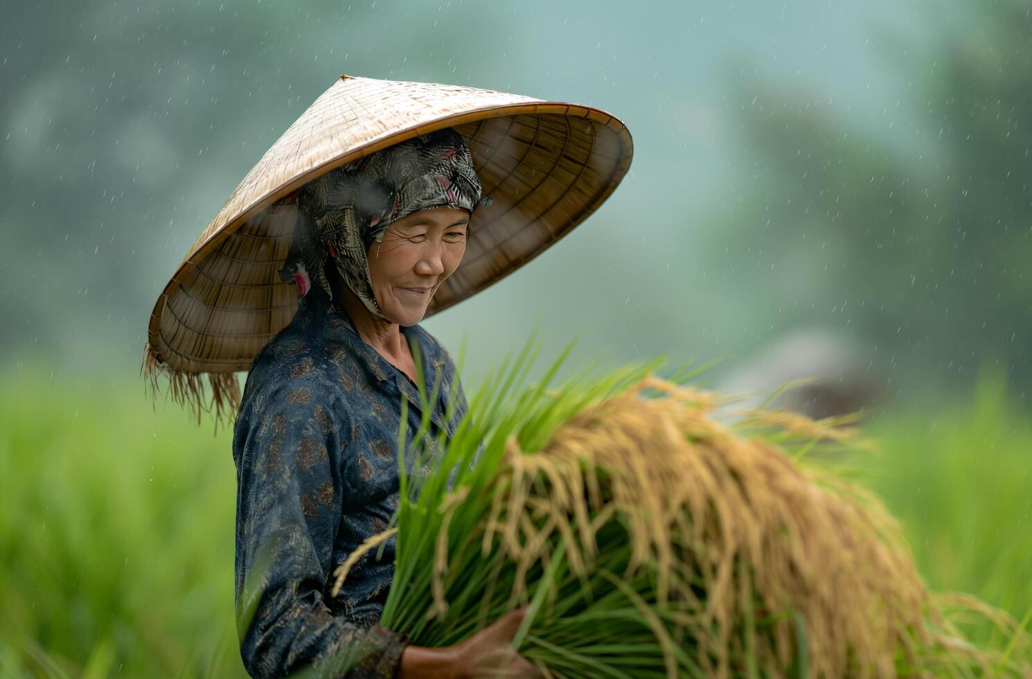 AI generated Vietnamese farmer in the rain photo