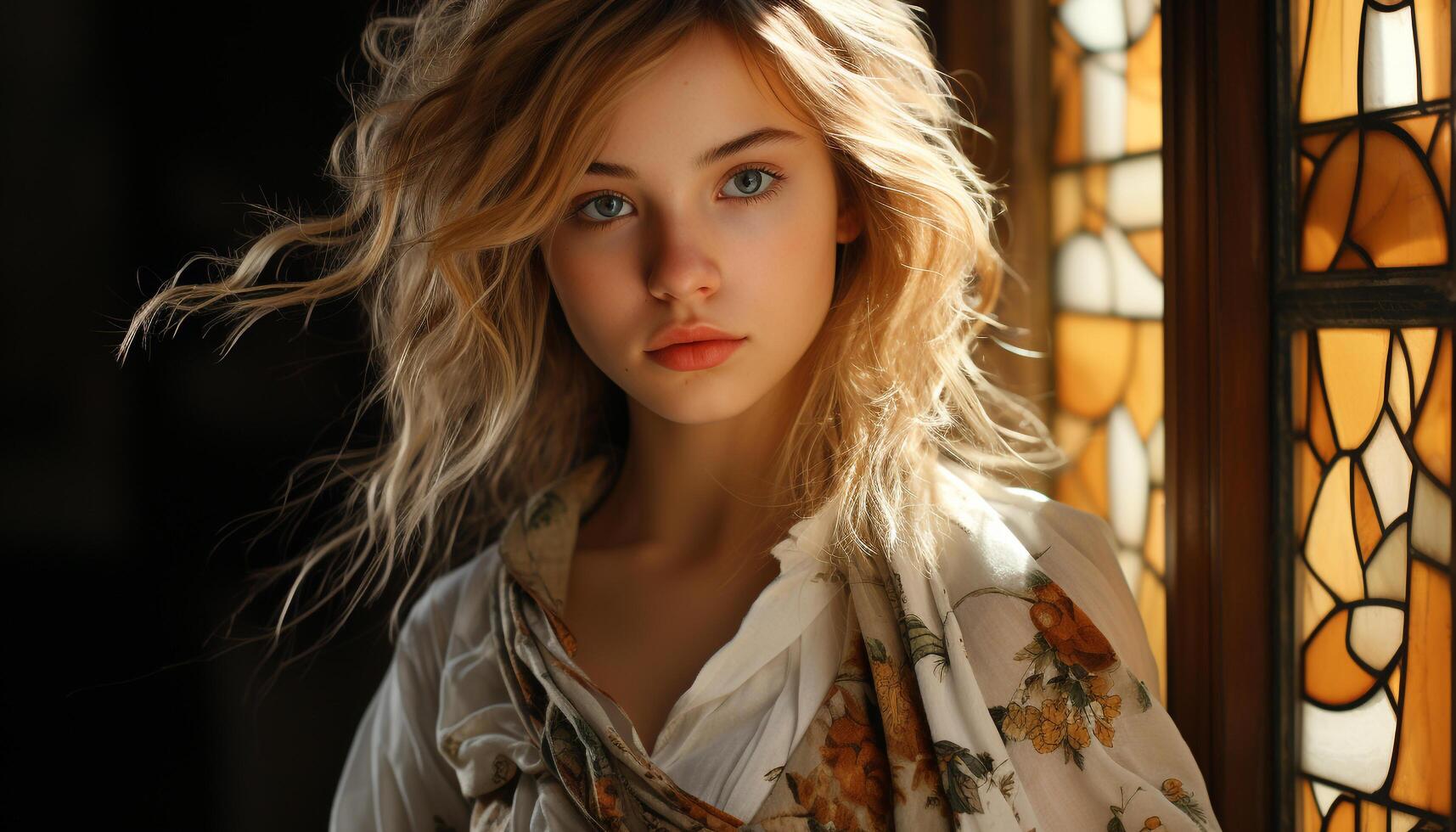 AI generated A beautiful young woman with blond hair and elegant fashion generated by AI photo