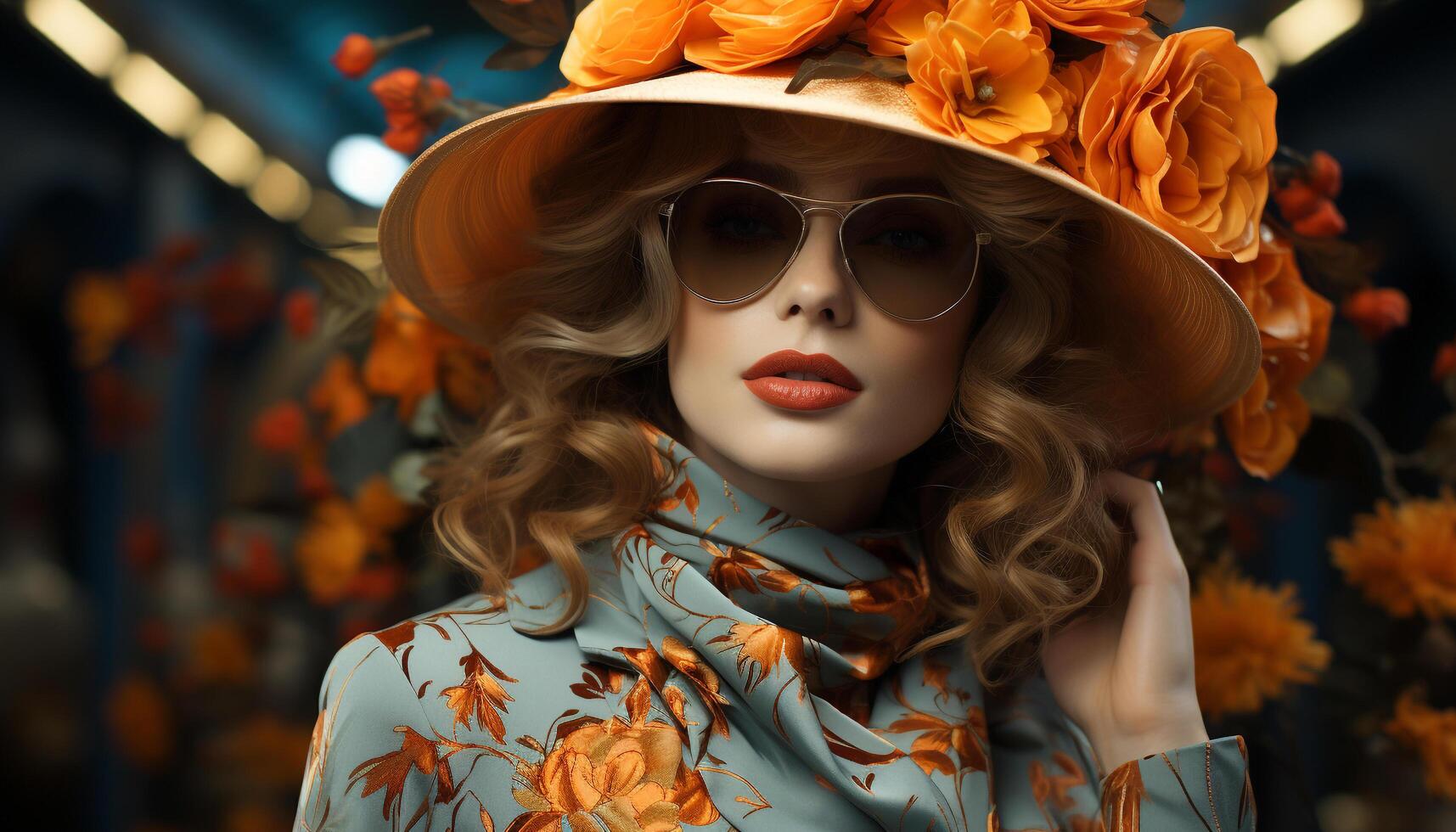 AI generated Fashionable woman with blond hair and sunglasses exudes elegance and glamour generated by AI photo