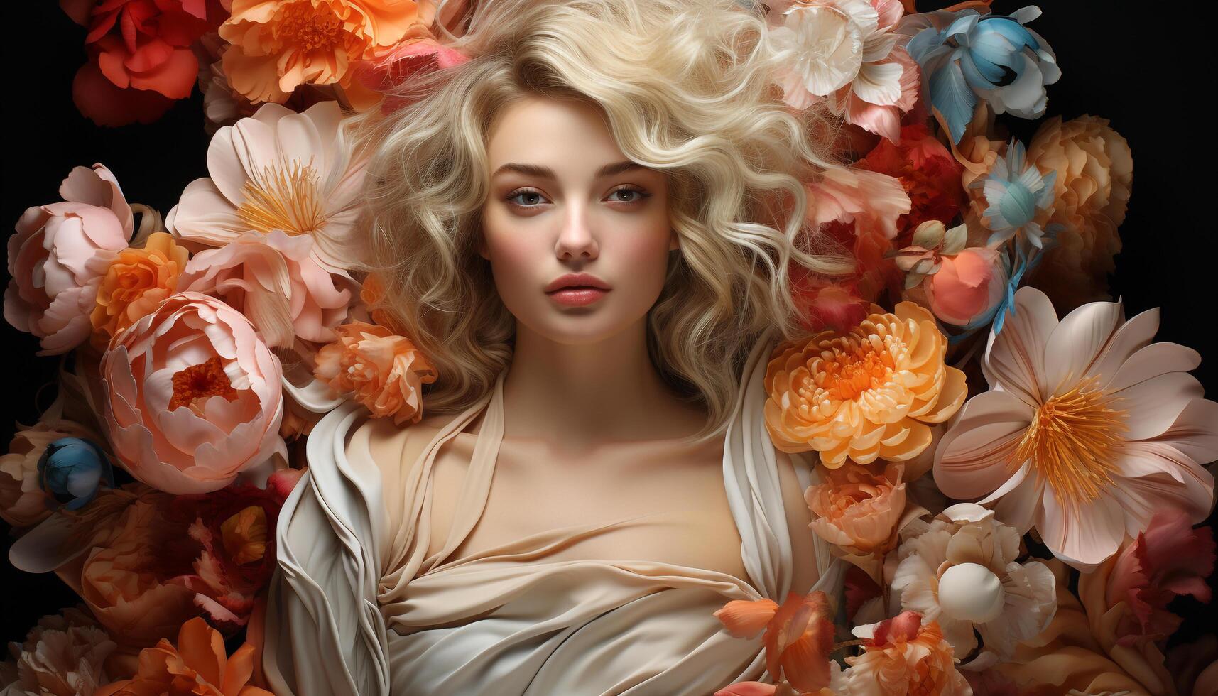 AI generated Beautiful caucasian woman with long blond curly hair and floral dress generated by AI photo